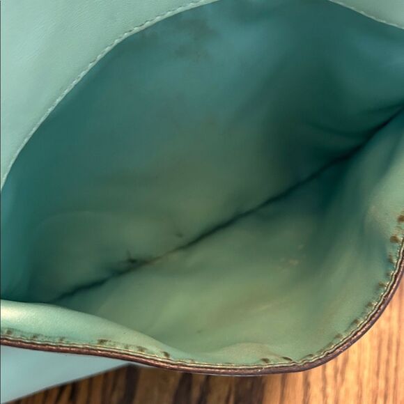 Coach Hallie Leather Colorblock Tote Bag Aqua Blue Lime Green J1294-22430 - Picture 8 of 12